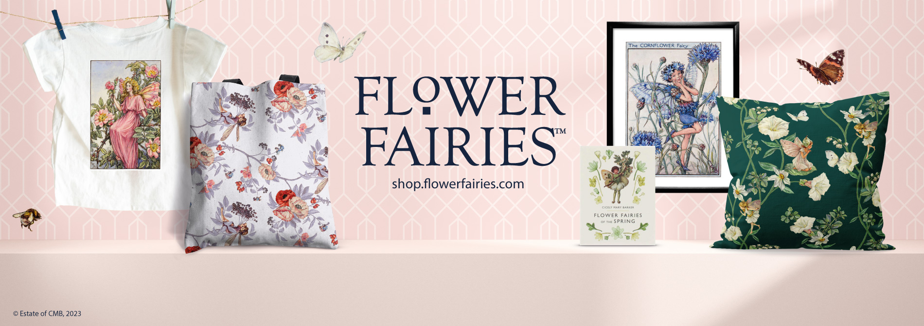 Group of products: Wild Rose Fairy T-shirt, Elderberry Fairy Cushion, Book, Cornflower Fairy art print in black frame and Narcissus Fairy Cushion 